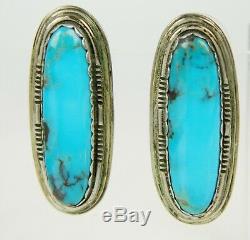 Vintage Native American L Navajo / Hopi Sterling Turquoise Oval Tall Earrings