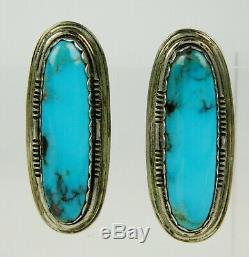 Vintage Native American L Navajo / Hopi Sterling Turquoise Oval Tall Earrings