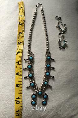Vintage Native American Squash Blossom Sterling Turquoise Necklace And Earrings