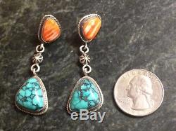 Vintage Native American Sterling Silver Turquoise & Spiny Oyster Earrings 925 RB