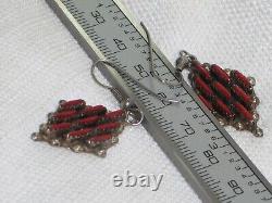 Vintage Native American Sterling Silver Zuni Needlepoint Coral Dangle Earrings 2