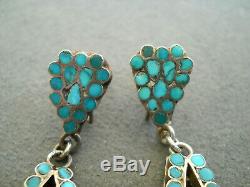 Vintage Native American Turquoise Inlay Sterling Silver Dangle Clip Earrings