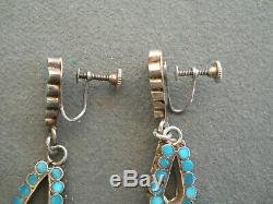 Vintage Native American Turquoise Inlay Sterling Silver Dangle Clip Earrings