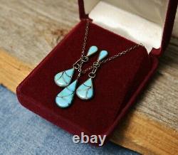 Vintage Native American Zuni Sterling Silver Turquoise Necklace & Earrings Set