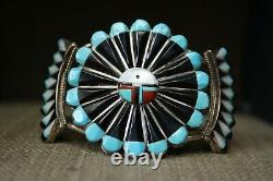Vintage Native American Zuni Sun God Sterling Silver Bracelet & Earrings Set