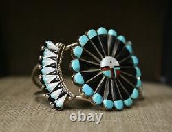 Vintage Native American Zuni Sun God Sterling Silver Cuff Bracelet Earrings Set