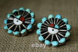 Vintage Native American Zuni Sun God Sterling Silver Cuff Bracelet Earrings Set