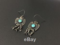 Vintage Native Indian Sterling Silver Thunderbird Turquoise Stampwork Earrings