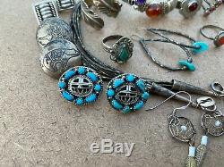 Vintage Native Sterling Silver Turquoise Spirit Earrings Necklace Amber Cuff Lot