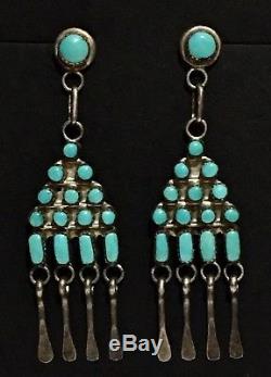 Vintage Native Zuni Sterling Silver & Petit Point Turquoise Chandelier Earrings