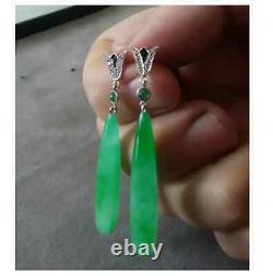 Vintage Natural Green Jade Long Drop Earring 14k White Gold Plated, Jade Earring