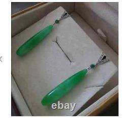 Vintage Natural Green Jade Long Drop Earring 14k White Gold Plated, Jade Earring