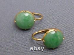 Vintage Natural Green Jade Round 14kYellow Gold Plated Dangle Stud Earrings