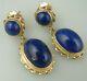 Vintage Natural Oval Cut Lapis Dangle Earring 14k Yellow Gold Over Lapis Earring