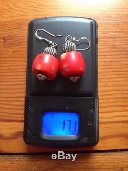 Vintage Natural Red Coral Bead Sterling Silver Dangle Earrings 17g. 6 oz
