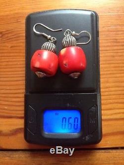 Vintage Natural Red Coral Bead Sterling Silver Dangle Earrings 17g. 6 oz