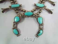 Vintage Navajo 23 Sterling Silver Squash Necklace Blue Turquoise with Earrings