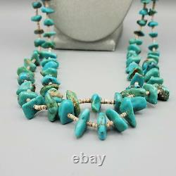 Vintage Navajo 2 Strand Turquoise Nugget Heshi Sterling Silver Necklace 28