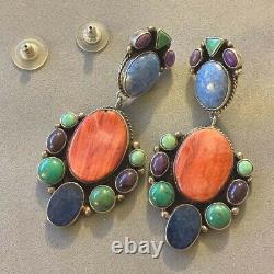 Vintage Navajo BAL Multi-gemstone Drop Dangle Post Sterling Earrings Turquoise +