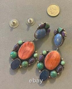 Vintage Navajo BAL Multi-gemstone Drop Dangle Post Sterling Earrings Turquoise +
