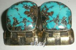 Vintage Navajo DM Begay sterling silver 14k gold large turquoise clip earrings