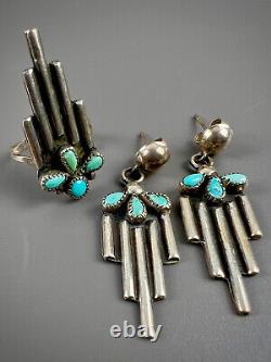 Vintage Navajo Dainty Sterling Silver Turquoise Ring & Earrings Set