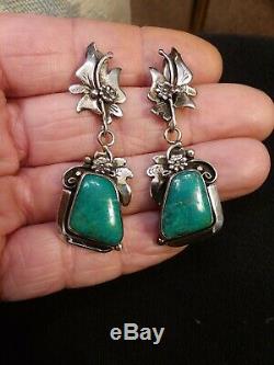 Vintage Navajo Fox Turquoise Sterling Silver Flower Earrings