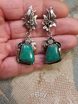 Vintage Navajo Fox Turquoise Sterling Silver Flower Earrings