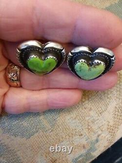 Vintage Navajo Green Carico Lake Turquoise Sterling Silver Heart Earrings
