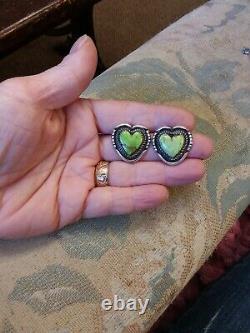 Vintage Navajo Green Carico Lake Turquoise Sterling Silver Heart Earrings