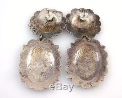 Vintage Navajo Hand Stamped Solid Sterling Silver Concho Dangle Earrings J BX