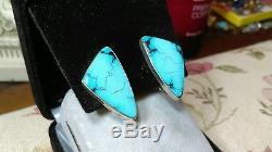 Vintage Navajo High Grade Apache Blue Turquoise Sterling Silver Clip Earrings