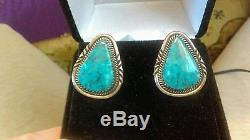 Vintage Navajo High Grade Stormy Mountain Turquoise Sterling Silver Earrings