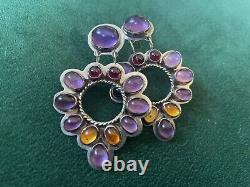 Vintage Navajo NAIKO Sterling Silver Cluster Gemstone Earrings Amethyst & Amber
