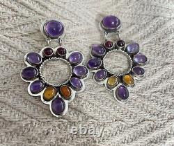 Vintage Navajo NAIKO Sterling Silver Cluster Gemstone Earrings Amethyst & Amber