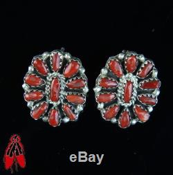 Vintage Navajo NATURAL red coral cluster sterling silver earrings Native old