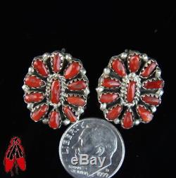 Vintage Navajo NATURAL red coral cluster sterling silver earrings Native old