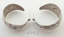 Vintage Navajo Native American Sterling Silver Stamped Hoop Post Earrings