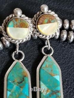 Vintage Navajo Old Pawn Sterling Turquoise Inlay Dangle Earrings Len Adakai