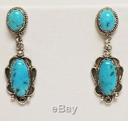 Vintage Navajo Old Pawn Turquoise Sterling Silver Pierced Dangle Earrings 1.5