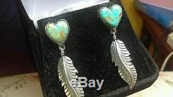 Vintage Navajo Pilot Mountain Turquoise Heart Feather Sterling Silver Earrings