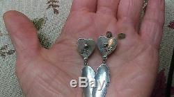 Vintage Navajo Pilot Mountain Turquoise Heart Feather Sterling Silver Earrings