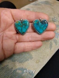 Vintage Navajo Pilot Mountain Turquoise Heart Sterling Silver Earrings