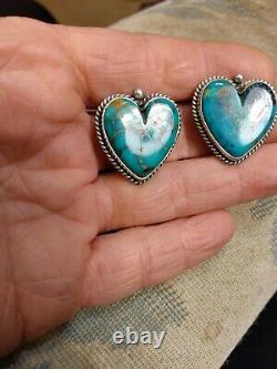 Vintage Navajo Pilot Mountain Turquoise Heart Sterling Silver Earrings