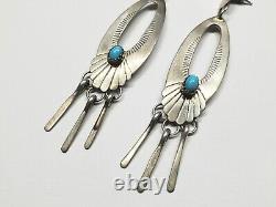 Vintage Navajo Ray Tafoya Signed Sterling Silver Turquoise Long Dangle Earrings