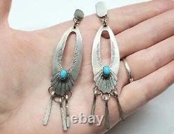 Vintage Navajo Ray Tafoya Signed Sterling Silver Turquoise Long Dangle Earrings