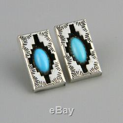 Vintage Navajo Shadowbox Earrings Turquoise Art Glass Stamped Sterling Silver