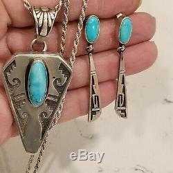 Vintage Navajo Signed CJ Turquoise Sterling Silver 925 Earrings Necklace Pendant