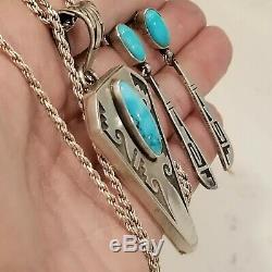 Vintage Navajo Signed CJ Turquoise Sterling Silver 925 Earrings Necklace Pendant