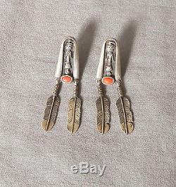 Vintage Navajo Signed Hallmarked Sterling Coral Kachina Feather Earrings